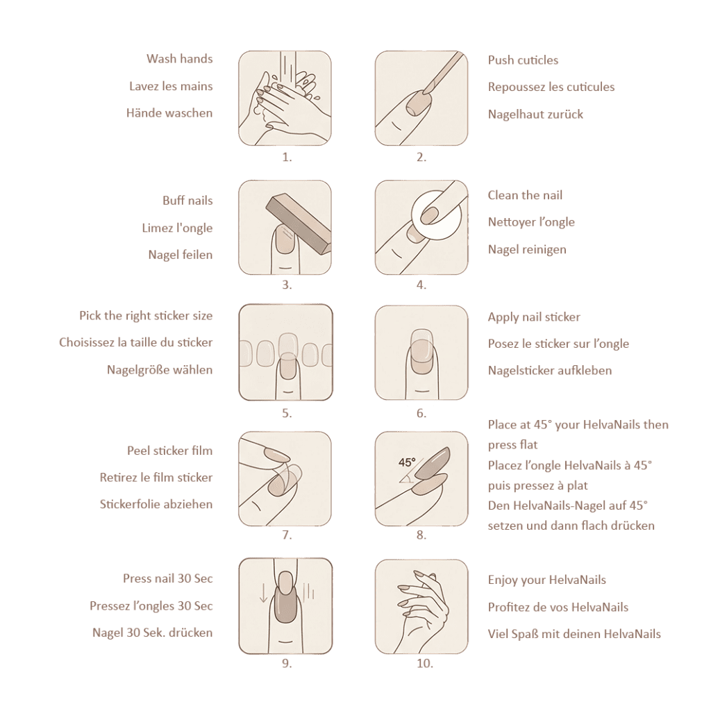 Ten step guide printed in every HELVA Nails box: wash hands, push back cuticles, buff and clean the nail, pick the sticker size, apply the gel sticker, peel the film, place the press-on nail at a 45 degree angle, press for 30 seconds, enjoy your HelvaNails