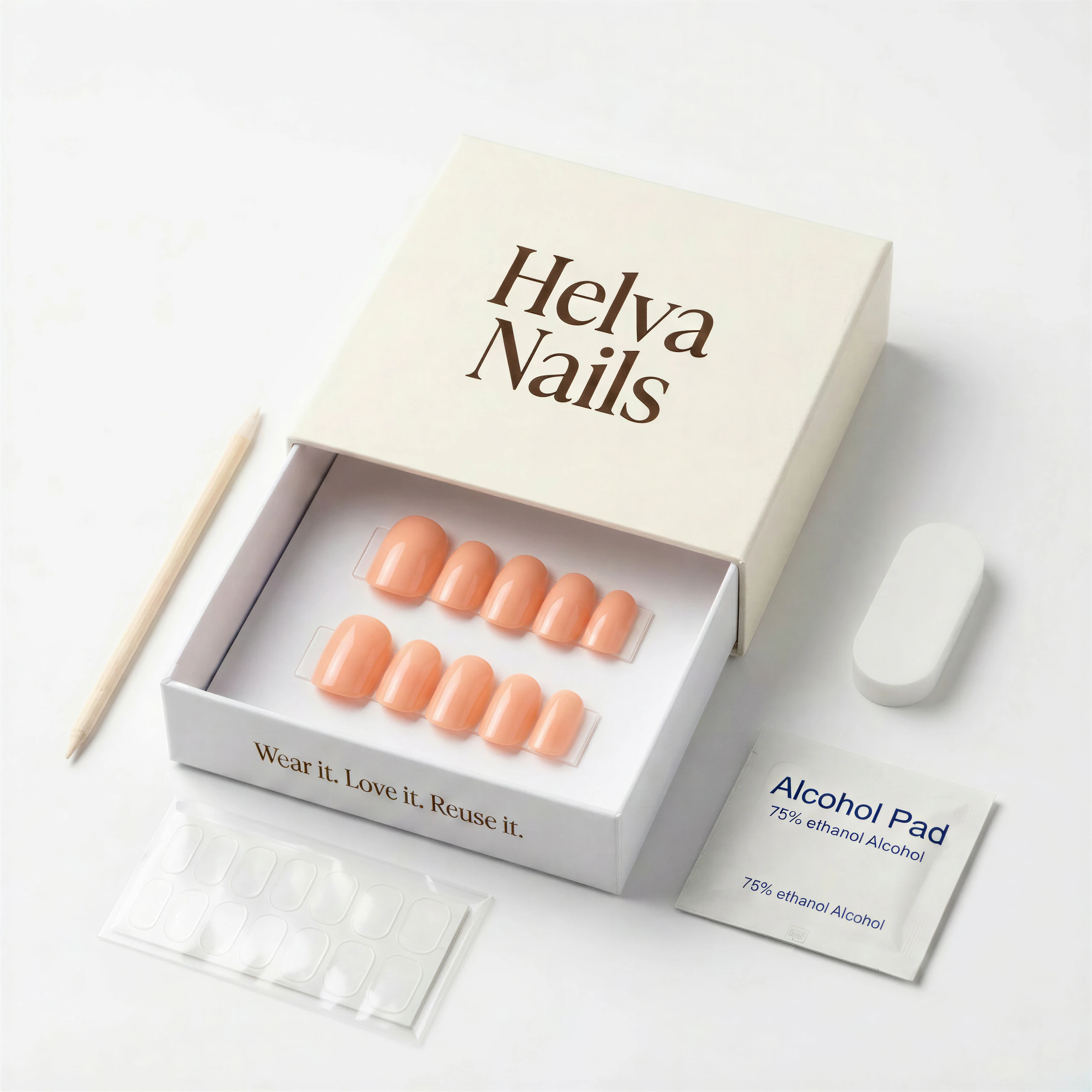 HELVA Nails pastel peach reusable press-on nail kit and packaging