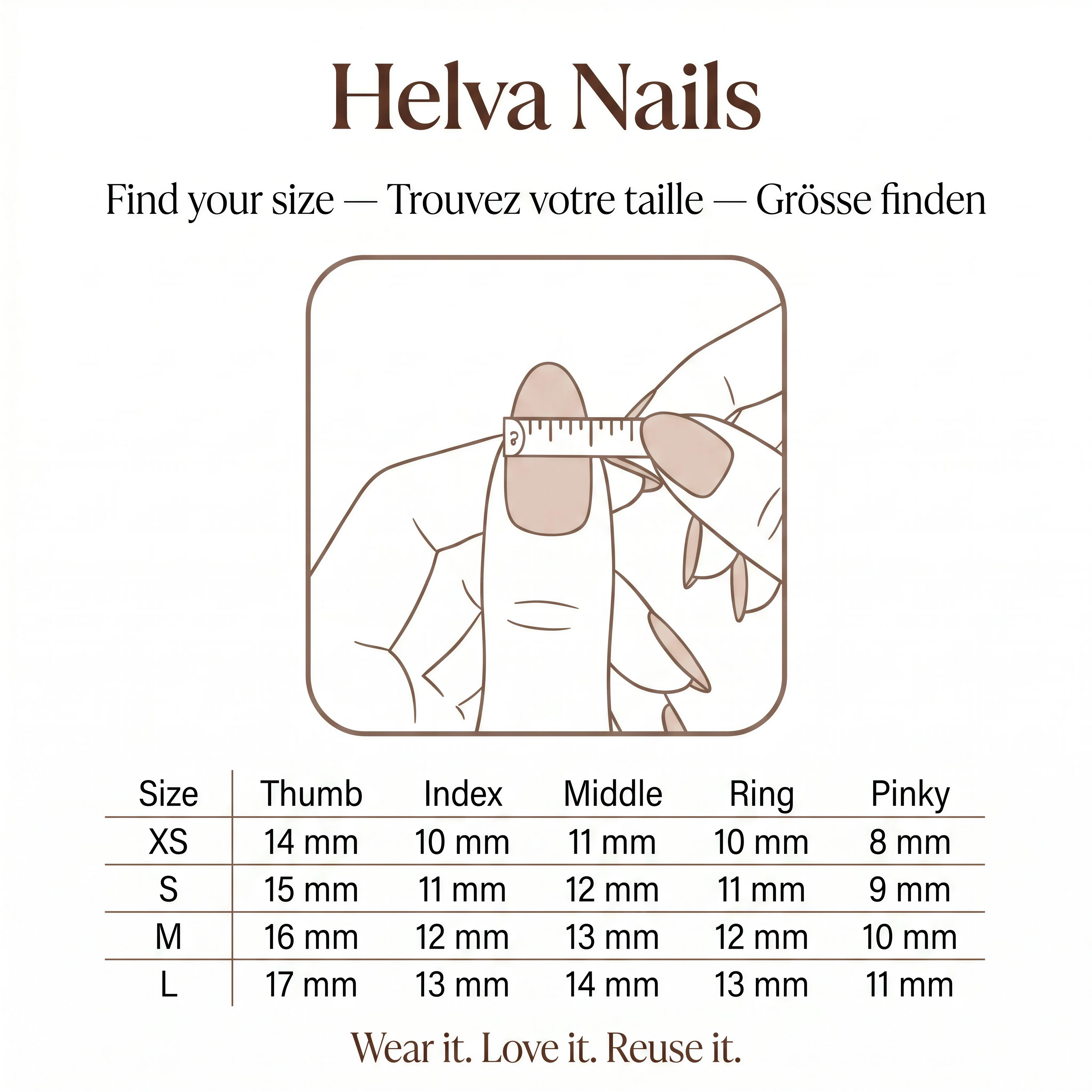 HELVA Nails press-on nail sizing guide