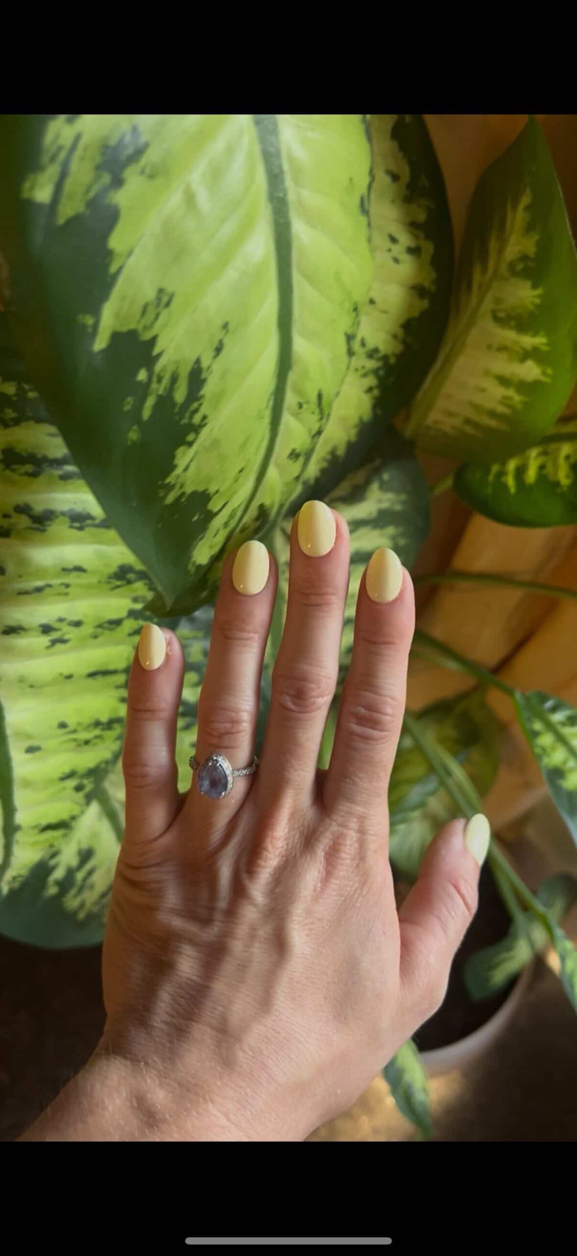 Yellow short oval HELVA press-on nails worn by Laura R. from Chexbres