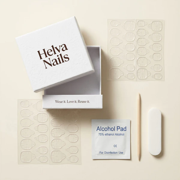 HELVA Nails press-on nail application kit with 48 gel adhesive stickers, wooden stick, nail file and alcohol wipes